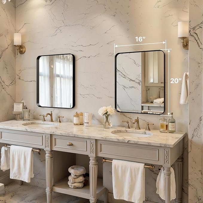 20"x16" Bathroom Vanity Mirror for Wall Aluminum Framed Farmhouse Rectangle | Anti-Rust, HD Reflection Anti-Desilvering, Distortion Free, Tempered and Shatter-Proof Wall Mounted Mirror, Black