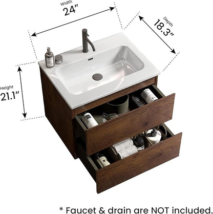 24" Bathroom Vanity with Sink, Modern Floating Vanity with Double Soft Closing Drawers, Large Storage for Small Space, Walnut, Fully Assembled - Iris Collection