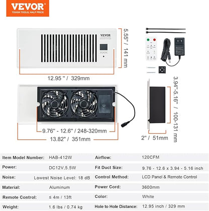 VEVOR Register Booster Fan, Quiet Vent Booster Fan Fits 4” x 12” Register Holes, with Remote Control and Thermostat Control, Adjustable 10-Speed for Heating Cooling Smart Vent, White