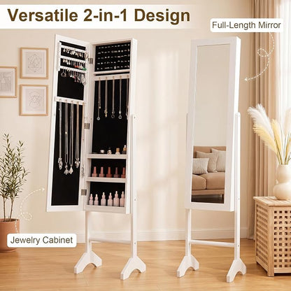 Giantex Jewelry Armoire with Full Length Mirror, Freestanding Jewelry Organizer Cabinet with Ring Slots, Earring Holders, Necklace Hooks & Storage Shelves for Bedroom (White)