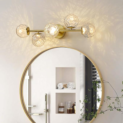 Gold Bathroom Vanity Light Fixtures: 5-Light Hammered Clear Glass Globe Light Fixture Bathroom Wall Sconce over Mirror - Mid Century Modern Gold Dimmable LED Brushed Brass Vanity Lighting Sconces