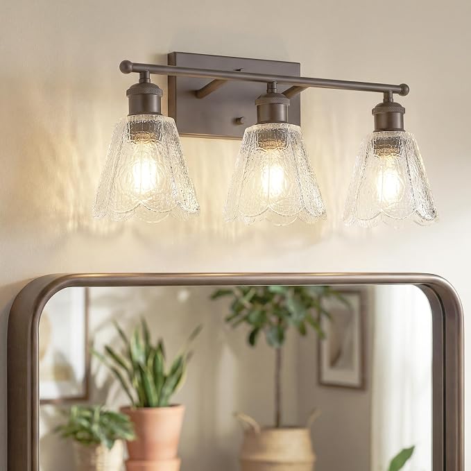 3-Light Bathroom Light Fixtures, HWH Farmhouse Sconce Wall Lighting for Mirror, Modern Wall Sconces with Clear Floral Glass, Oil-Rubbed Bronze Finish, 5HJX110B-3W ORB