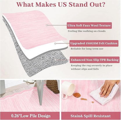 Garvee Pink Scalloped 8x10 Rugs Washable Area Rugs for Living Room | Rugs for Living Room, Non-Slip Soft Carpet for Bedroom, Scalloped Low-Pile Solid Rug Accent Rug for Dining Room Home Office
