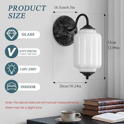 Vintage Gold Milk Glass Wall Sconce, Wall Light Set of 2 - Vintage Milky White Shade & Brass Finish Base, Indoor Hardwired Wall Lighting Fixture for Foyers, Bedroom, etc (Bulbs Included)-White