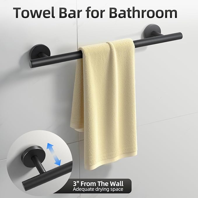 Matte Black Bathroom Hardware Accessories Towel Bar Set 5 Pieces | Stainless Steel Black Towel Rack Set Including 16in Towel Bar Wall Mounted, Toilet Paper Holders, Towel Rings, Towel Hooks