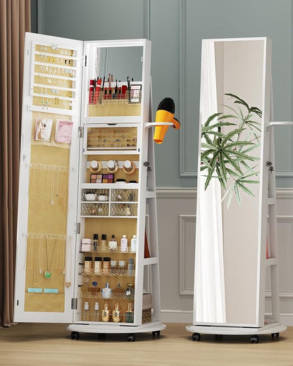 Full Length Mirror with Jewelry Storage, 360° Rotating Jewelry Armoire Organizer with Lights, Lockable Mirror Jewelry Cabinet Standing, Jewelry Mirror Cabinet for Gifts (White)