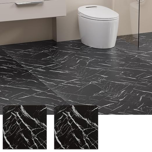 Peel and Stick Floor Tile, 30 PCS 12" x 12" Waterproof Marble Texture Luxury Vinyl Tiles, Easy DIY Self Adhesive Vinyl Flooring for Bathroom, Kitchen, Living Room, Black Marble