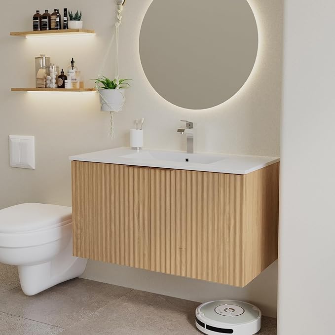 Modern Bathroom Vanity with Sink, Floating Wall Mount Cabinet with Wavy Textured Doors, Waterproof Storage for Small Bathroom, Soft-Close Design, Nature Wood (36")