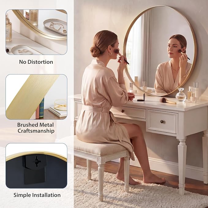DUMOS Round Wall Mirror 30 Inch, Bathroom Wall Circle Mirror | Bathroom Decor for Entryway, Living Room, Vanity, Metal Frame, Tempered Glass, Anti-Rust, Hanging or Leaning, Gold