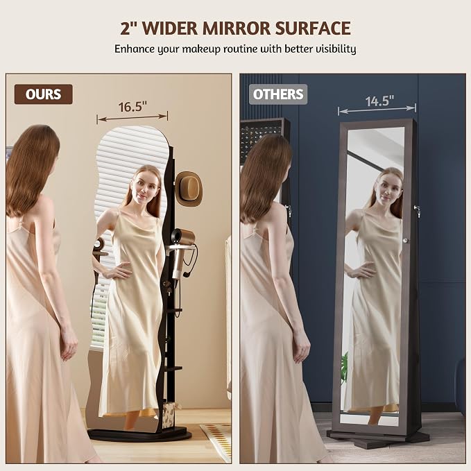 Vlsrka 360° Swivel Jewelry Armoire with Full Length Wave Mirror, Black | Lockable Mirror Jewelry Cabinet Standing, Interior LED Makeup Mirror, Foldable Shelf, Large Capacity, Gift for Women, Girls