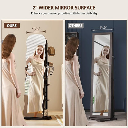 Vlsrka 360° Swivel Jewelry Armoire with Full Length Wave Mirror, Black | Lockable Mirror Jewelry Cabinet Standing, Interior LED Makeup Mirror, Foldable Shelf, Large Capacity, Gift for Women, Girls