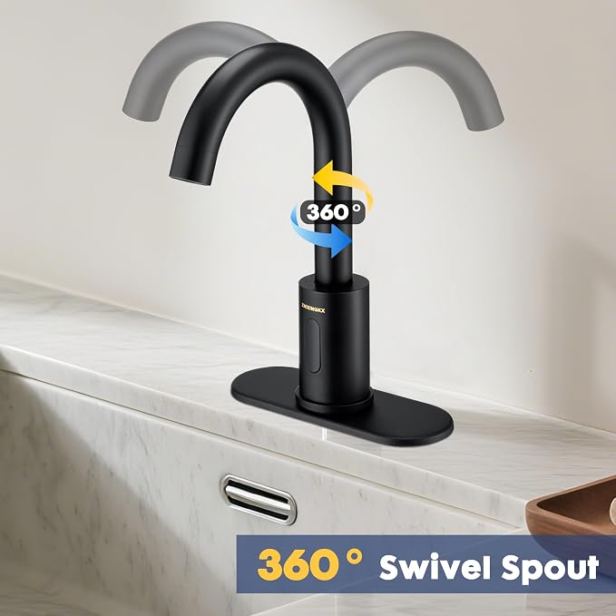 Touchless Bathroom Faucets for 1 or 3 Hole, Tall Body Automatic Bathroom Sink Faucets with Deck Plate,Motion Sensor Commercial Faucets for Bathroom&Kitchen,360° Swivel Spout,Black