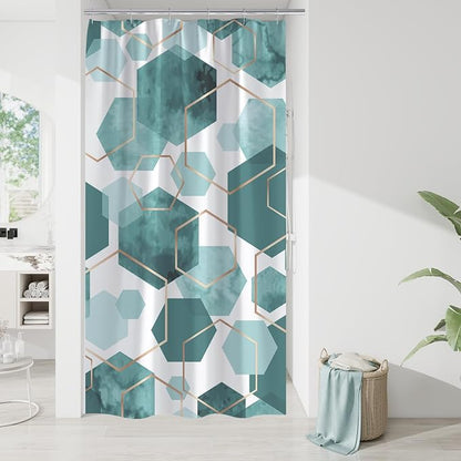 Litabel Small Stall Shower Curtain Set, Geometric Bathroom Decor 36x72 | Narrow Half Modern Minimalist Shower Curtais, Teal Geometric Art Print Abstract Waterproof Bath Curtain