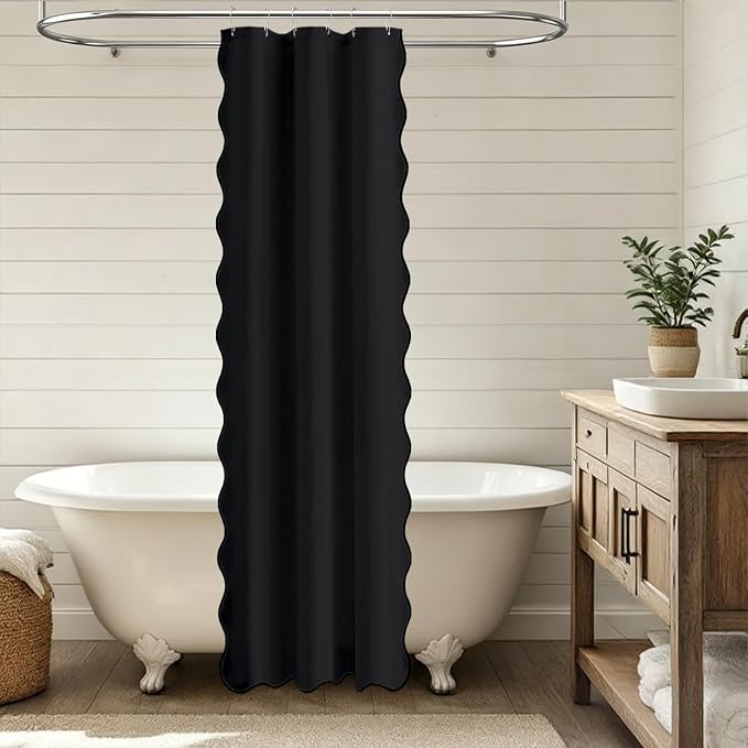 BTTN Stall Boho Scalloped Linen Textured Cloth Shower Curtain, 36x72, Black | Half Size, 230GSM Waterproof Polyester, Heavy Duty Fabric, 6 Plastic Hooks, Elegant Modern Farmhouse Style, Machine Washable