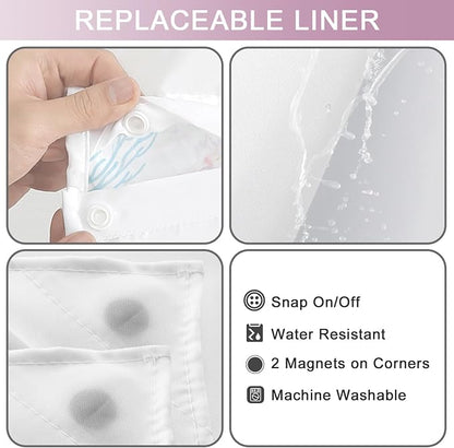 No Hook Shower Curtain and Liner Set, Watercolor Purple Beach Coastal 71x74 | Nautical Ocean for Bathroom, with Snap in Liner Replacement, Mesh Top Window, Waterproof, Machine Washable, Quick-Drying
