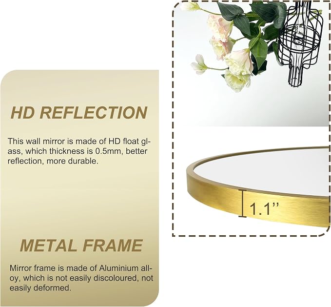 30 Inch Gold Round Circle Mirror for Bathroom Wall, Metal Frame | HD tempered glass for clear, distortion-free reflection. Mounting hardware included for vertical or horizontal wall mount.