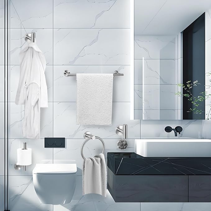 5 Piece Modern Style Wall Mounted Bathroom Hardware Set | #304 Stainless Steel, 24" Towel Bar Mount, Towel Rings, L Shape Toilet Paper Holder, Bathrobe Hook (Brushed Nickel)