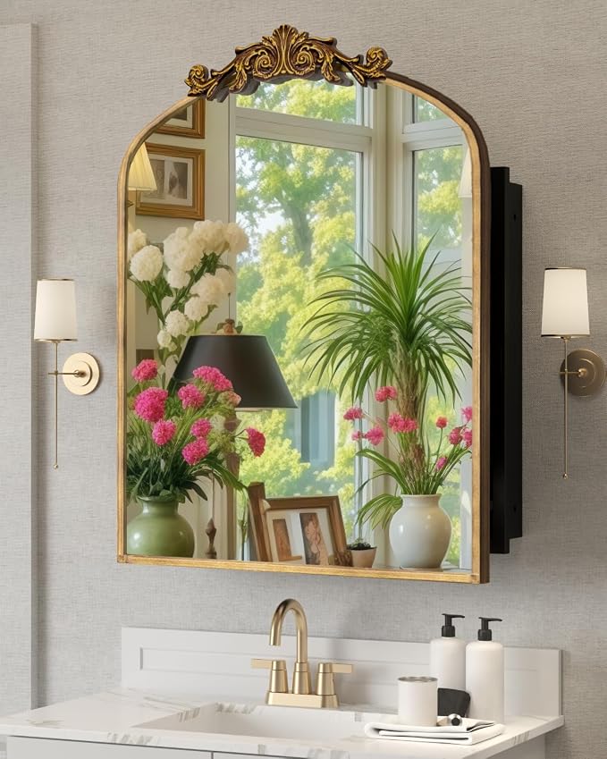 24x30 Inch Bathroom Medicine Cabinet Surface Mounted, Medicine Cabinet with Arched Mirror, Hand-Painted Bronze Aluminum Frame, Baroque Flower Decor, Black Metal Cabinet, 2 Stable & Removable Shelves