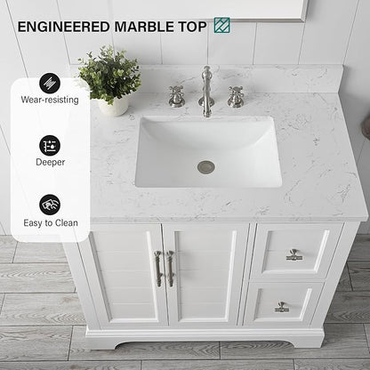 HOMEBEYOND 36 Inch Bathroom Vanity with Single Sink & Ceramic Top, Vanity Cabinet with Center Countertop Basin, Soft-Closing Doors, Backsplash, White