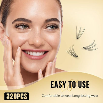 QUEWEL Lash Clusters 320Pcs 10D D Curl Lash Cluster Eyelash Extensions | Cluster Lashes Mix9-16mm Individual Eyelashes Clusters Wispy Lash Clusters Thin Band Soft to Use at Home(10D D Mix9-16)