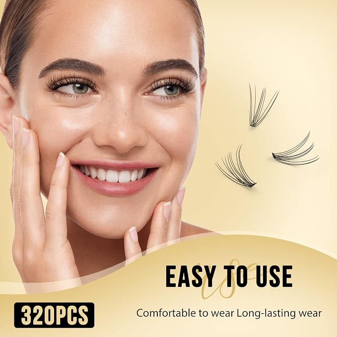 QUEWEL Lash Clusters 320Pcs 10D D Curl Lash Cluster Eyelash Extensions | Cluster Lashes Mix12-18mm Individual Eyelashes Clusters Wispy Lash Clusters Thin Band Soft to Use at Home(10D D Mix12-18)
