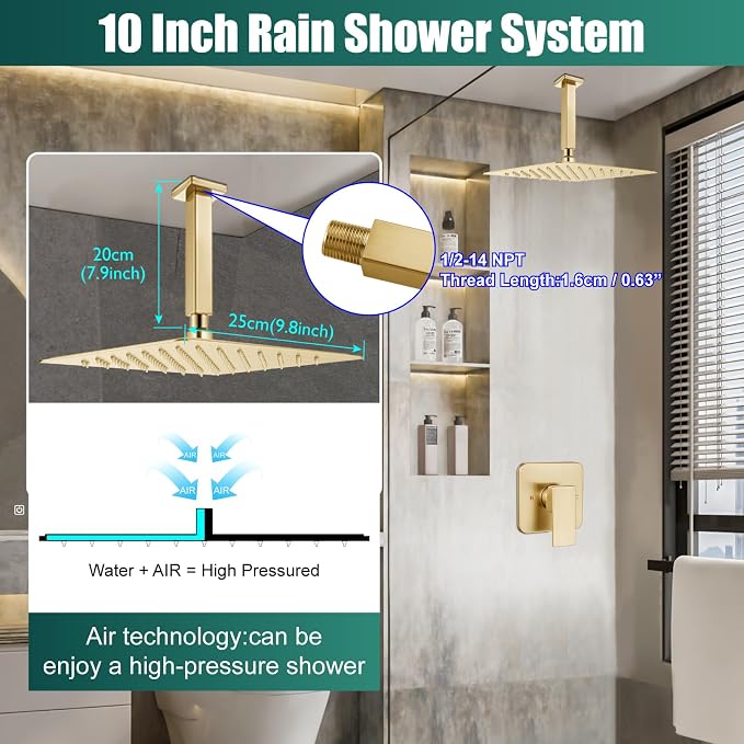 Heyalan 10-Inch Ceiling Mount Shower Faucet Set with Valve, Brushed Gold | Rainfall shower head, ceiling-mount design, SUS304 steel, adjustable angle, single-handle control