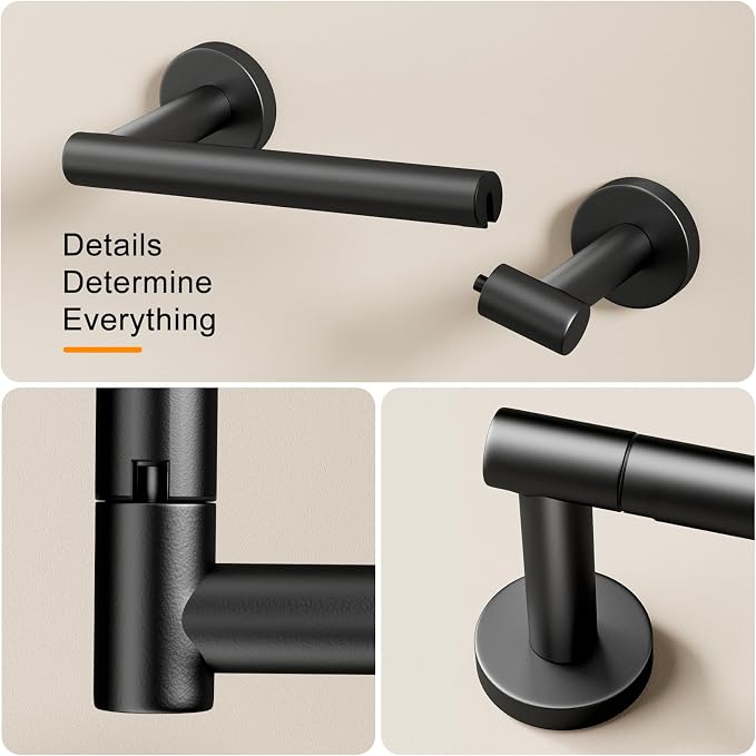 Pokim Matte Black Bathroom Hardware Set - SUS304 Stainless Steel Toilet Paper Holder,Towel Ring and 2 Robe Hooks,Rustproof,Wall Mounted 4 Piece Bathroom Accessories,Easy Installation for Bathroom
