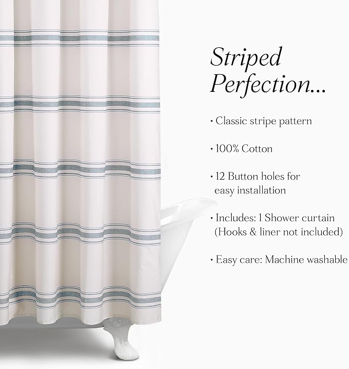 Lush Decor Farmhouse Stripe Cotton Shower Curtain, 72" W x 72" L, Blue - Striped Bathroom Curtain - Fabric Shower Curtains - Farmhouse Bathroom Decor