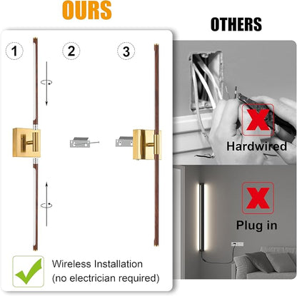 Morauroral Walnut Gold Battery Operated Wall Sconce with Remote Control, Rechargeable Wall Sconces Set of 2, LED Wireless Wall Light, Modern Sconce Wall Decor for Bedroom, Living Room