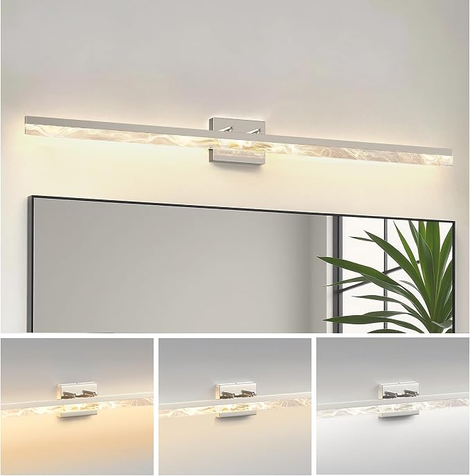L LOHAS LED 48 Inch Nickel Vanity Light Bar Over Mirror Marble Acrylic 3CCT | Modern Bathroom Lighting With Marble Acrylic Shade, Adjustable LED Mirror Light Fixture for Indoor Wall Applications