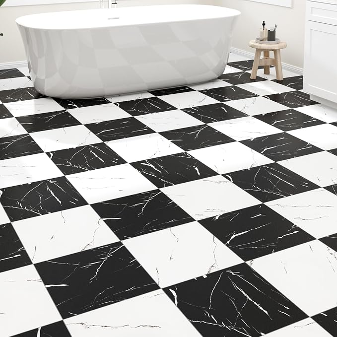 30-Pack 30 Sq.Ft Peel and Stick Floor Tiles Vinyl Matte Pattern Flooring, 12” x 12” Self Adhesive Vinyl Flooring DIY for Kitchen, Bathroom, Laundry, Black&White Marble