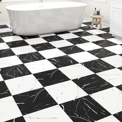 30-Pack 30 Sq.Ft Peel and Stick Floor Tiles Vinyl Matte Pattern Flooring, 12” x 12” Self Adhesive Vinyl Flooring DIY for Kitchen, Bathroom, Laundry, Black&White Marble