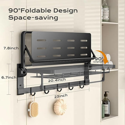 Rust-Proof Floating Shelves Organizer With Foldable Towel Bar 5 Towel Hooks Wall Mounted Organizer 23-Inch Towel Racks For Bathroom Lavatory Kitchen Rv Home Decor, Matte Black
