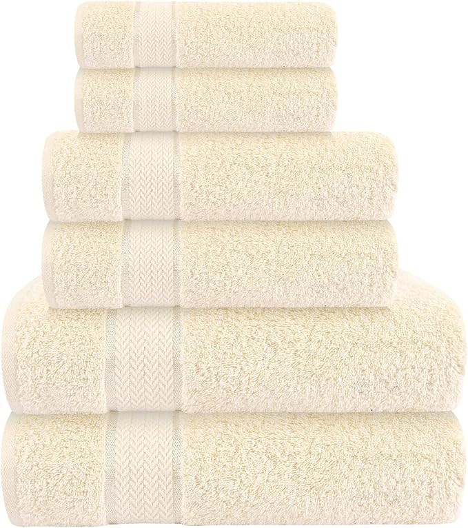 6 Piece 100% Cotton Bath Towel Set -2 Bath 2 Hand 2 Face, Cream | 100% Cotton • Thick & Plush • Hotel Quality • Ultra Soft • Highly Absorbent • Quick Dry • Low Lint • Machine Washable