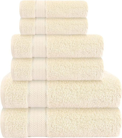 6 Piece 100% Cotton Bath Towel Set -2 Bath 2 Hand 2 Face, Cream | 100% Cotton • Thick & Plush • Hotel Quality • Ultra Soft • Highly Absorbent • Quick Dry • Low Lint • Machine Washable
