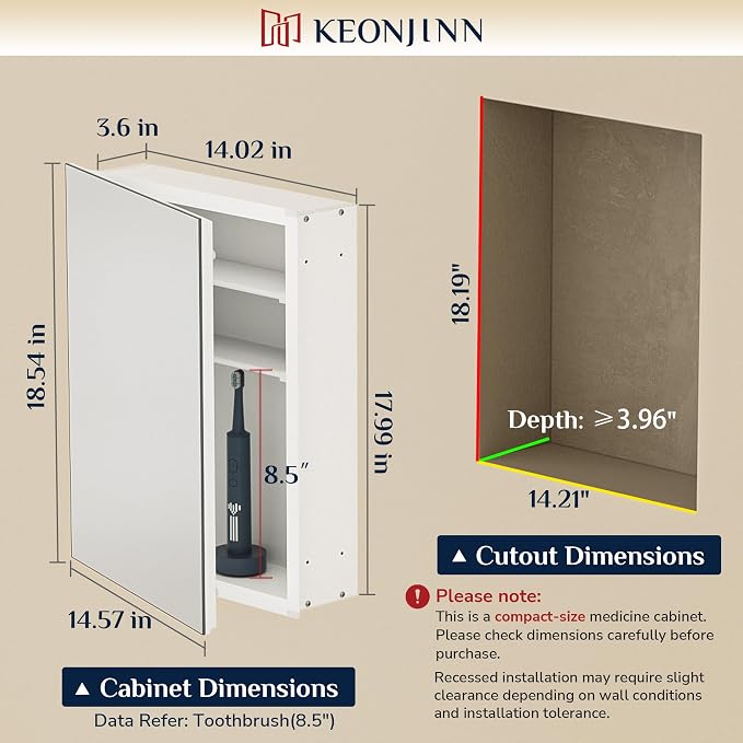 Keonjinn White Medicine Cabinet Mirror 14 x 18 Inch, Lightweight Aluminum | Effortless Assembly, Adjustable Shelves, Wall Mount or Recessed, Soft Close with DTC Hinges, Bathroom Mirror with Storage