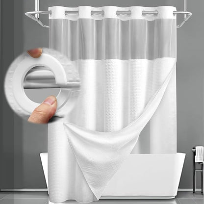 No Hook Shower Curtain with Liner Set Hotel Waffle Curtain White 60W X 75L | Washable Snap in Fabric Liner, Mesh Top Window, Waffle Hotel Style Shower Curtain Set