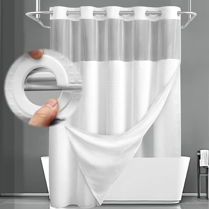 No Hook Shower Curtain with Liner Set Hotel Waffle Curtain White 78W X 75L | Washable Snap in Fabric Liner, Mesh Top Window, Waffle Hotel Style Shower Curtain Set