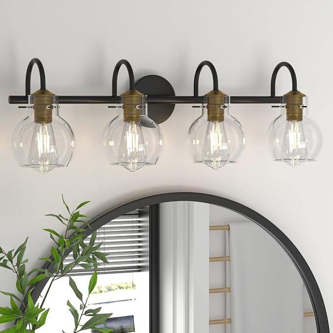 4 Light Bathroom Light, Brushed Gold and Black Vanity Lighting Fixtures, Bathroom Wall Mounted Sconces Vanity Lights Over Mirror with Globel Glass Shade, E26 Base