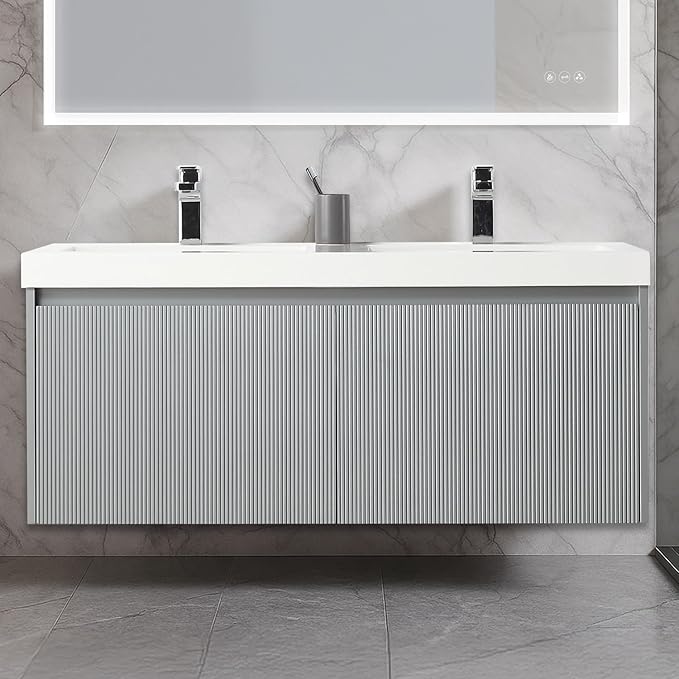 Blossom 48 inch Bathroom Vanity with Sink, Wall Mounted Floating Bathroom Vanity Cabinet with Double Acrylic Sink, All Wood Bathroom Storage Cabinet with Soft Close Drawers, Light Grey Finish