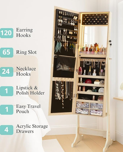LUXFURNI 62.6" Standing Jewelry Armoire Cabinet with Storage Mirror | Built‑in LED Makeup Mirror, 3 Tilt Angles, 48H Runtime with 6AA Batteries, Acrylic Lipstick Tray, Engineered Wood for Bedroom