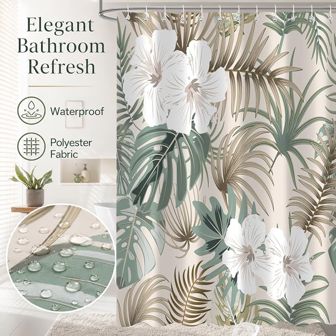 Tropical Shower Curtain for Bathroom, Green Palm Tree Flower Plant Boho Leaf Banana Monstera Sage Beige Shower Curtains Set, Fabric Bathroom Accessories with Hooks 72x84 Inch