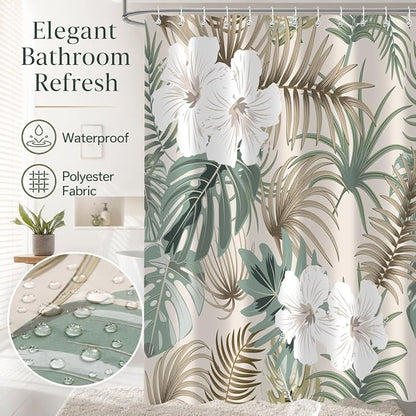 Tropical Shower Curtain for Bathroom, Green Palm Tree Flower Plant Boho Leaf Banana Monstera Sage Beige Shower Curtains Set, Fabric Bathroom Accessories with Hooks 72x84 Inch