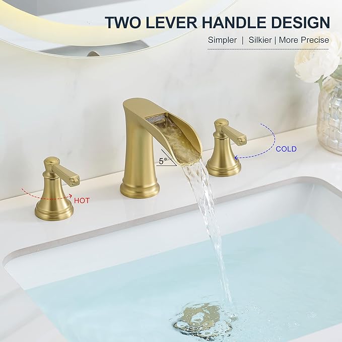 8 Inch Brushed Gold Bathroom Faucet 3 Hole, Brass Waterfall Bathroom Faucets Widespread 2 Handle with Pop up Drain & Pre-Installed cUPC Supply Lines for Vanity, 10 Mins Quick Installation