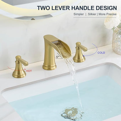 8 Inch Brushed Gold Bathroom Faucet 3 Hole, Brass Waterfall Bathroom Faucets Widespread 2 Handle with Pop up Drain & Pre-Installed cUPC Supply Lines for Vanity, 10 Mins Quick Installation
