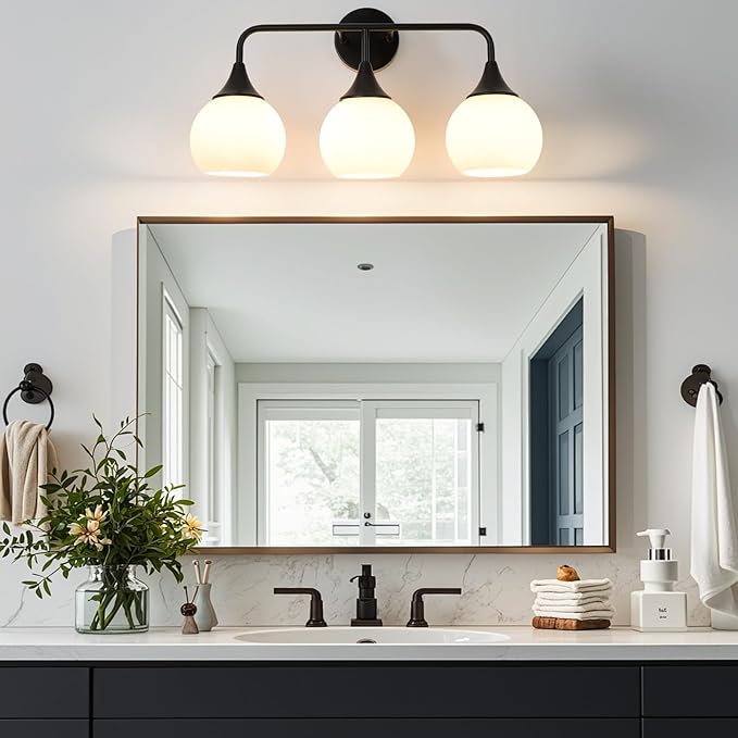 Mid Century Matte Black Bathroom Vanity Lights 3-Light Bathroom Lighting Fixtures Over Mirror with Milk White Glass Shade Modern Wall Sconce Lighting Bath Vanity Lights (Exclude E26 Bulb)