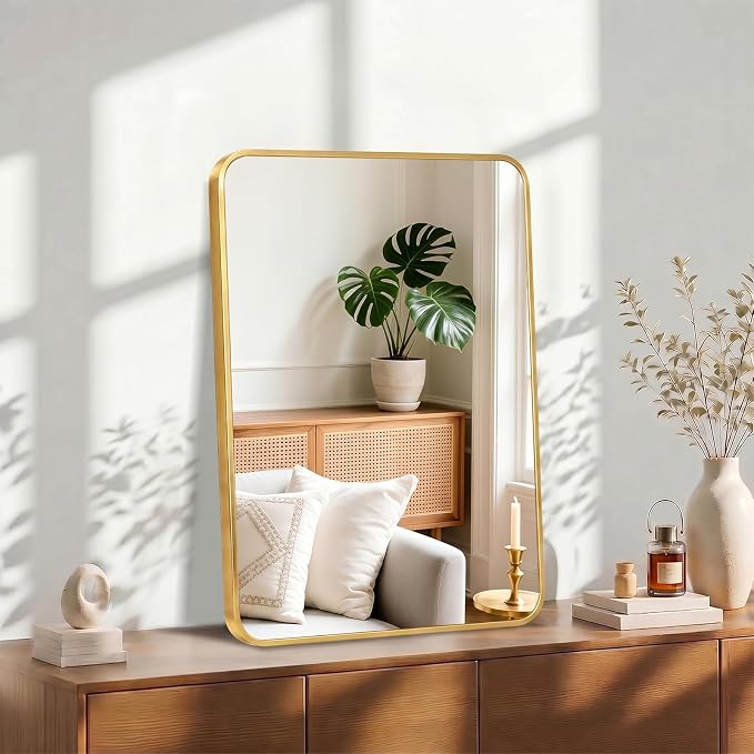 OLIXIS 28x20 Inch Bathroom Wall Mount Mirror with Rounded Rectangle, Gold | Modern Wall Vanity Mirrors for Over Sink with Matte Brush Metal Framed, for Home Decor, Living Room, Bedroom