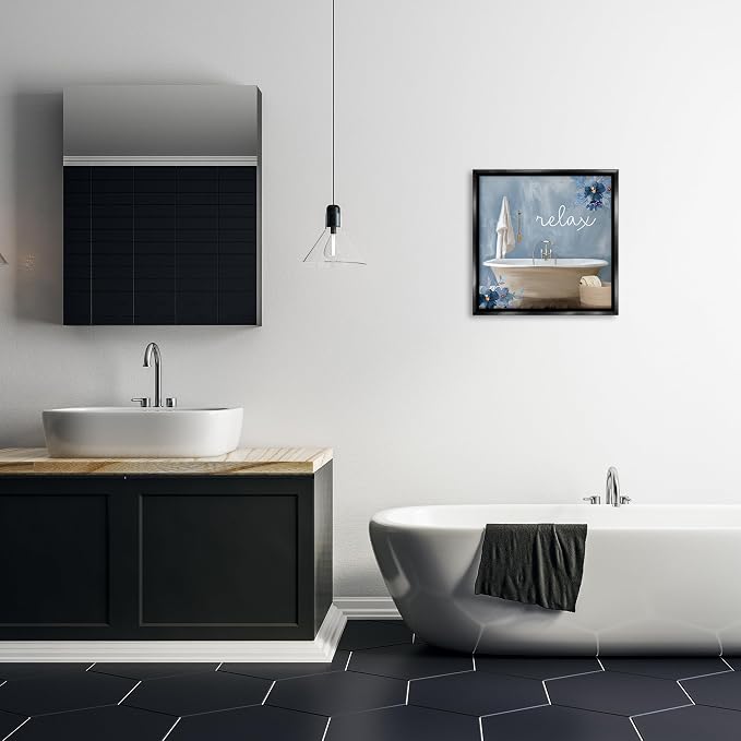 Blue Floral Bathroom Relax Scene, 17 x 17 Inch Canvas in Floater Frame | Stupell Industries · By Kim Allen · Ready to hang · Perfect for bath or laundry decor · Made in USA