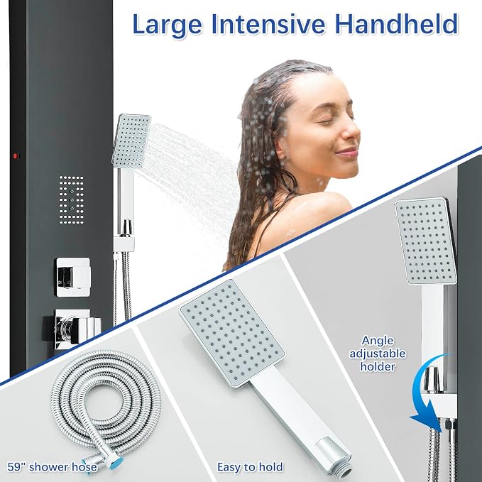 Shower Tower Panel System with LED Rainfall Shower Head, Stainless Steels Shower Tower System 2-in-1 Body Jets,Handheld Showerhead,Bathtub Filler Black-8127
