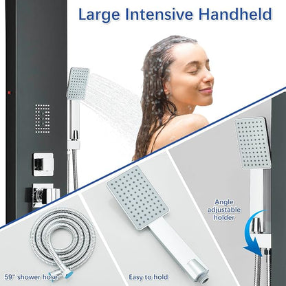 Shower Tower Panel System with LED Rainfall Shower Head, Stainless Steels Shower Tower System 2-in-1 Body Jets,Handheld Showerhead,Bathtub Filler Black-8127
